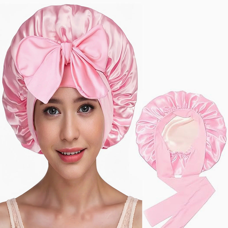 Double-Layer Satin Sleep Cap with Ribbon