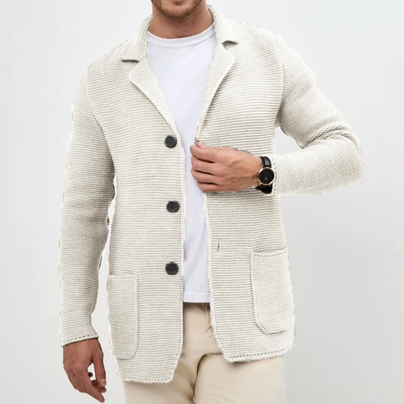 Men Lapel Knit Cardigan Sweater Slim Fit Winter Long Sleeve
