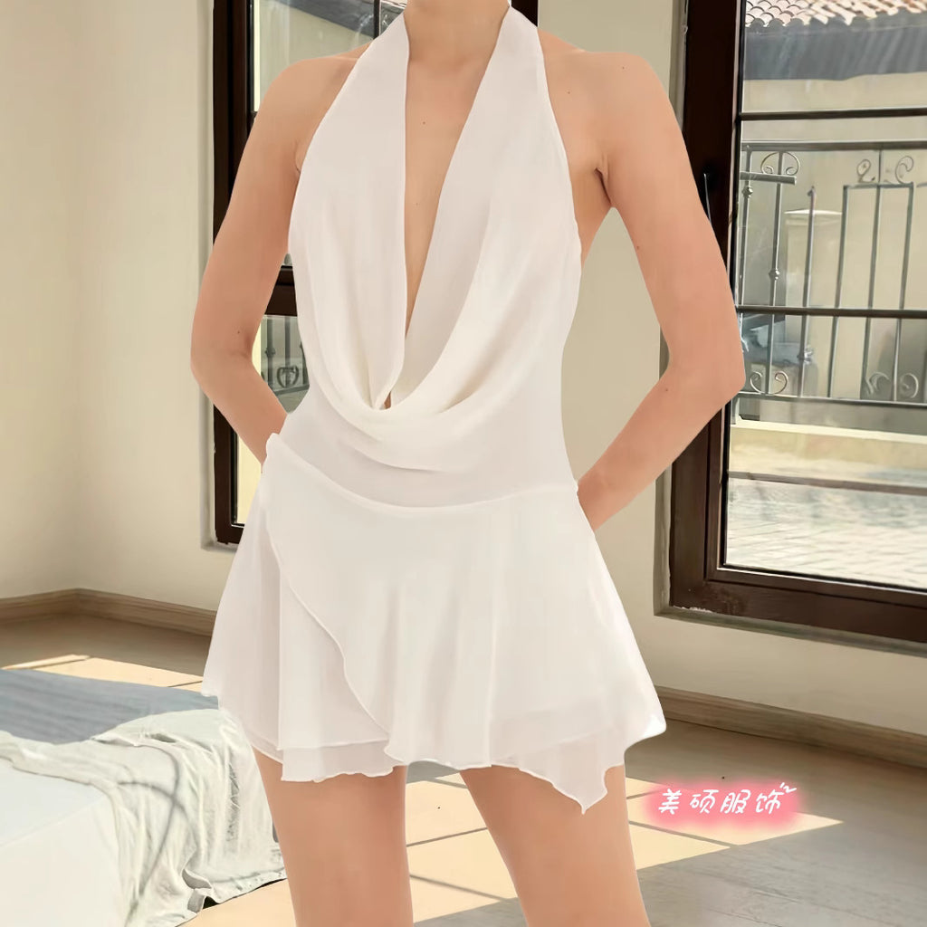 chiffon neck deep V low collar dress