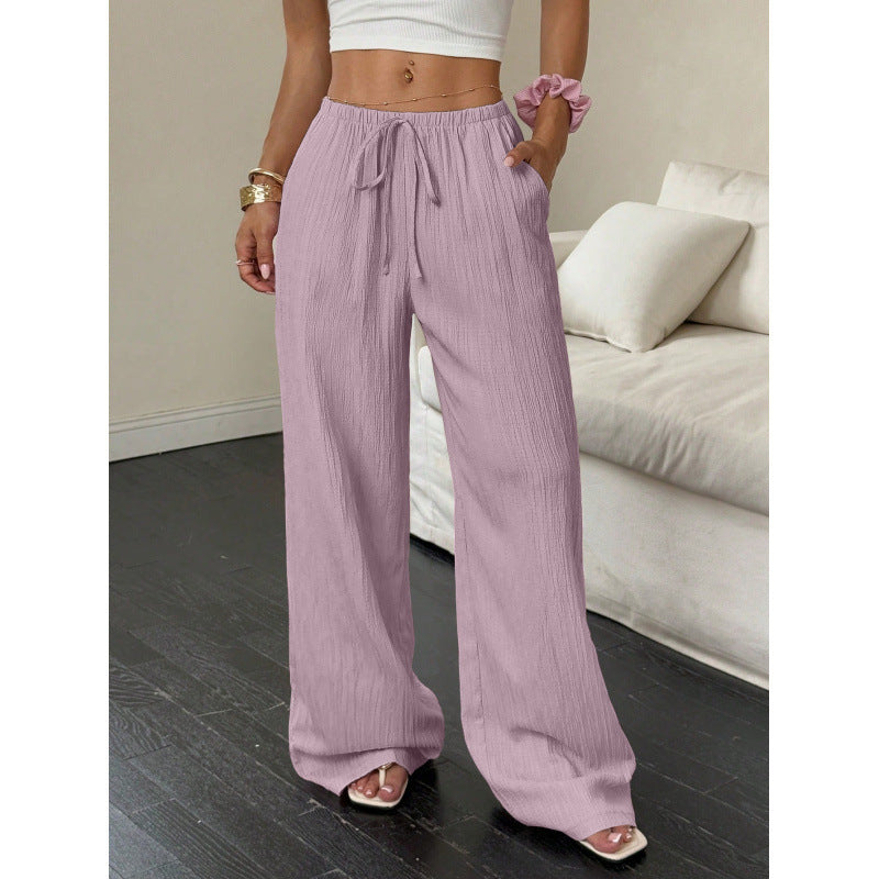 Womens Textured Knotted Waist Wide Leg Pants