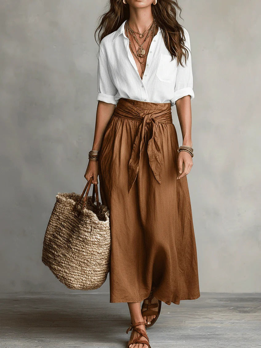 Womens Color-Block Casual Blouse and Skirt Two-Piece Set