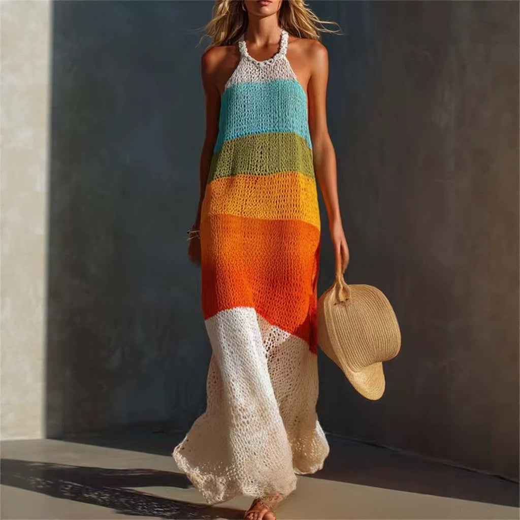 Wide-striped patchwork round-neck sleeveless knitted fitted long dress