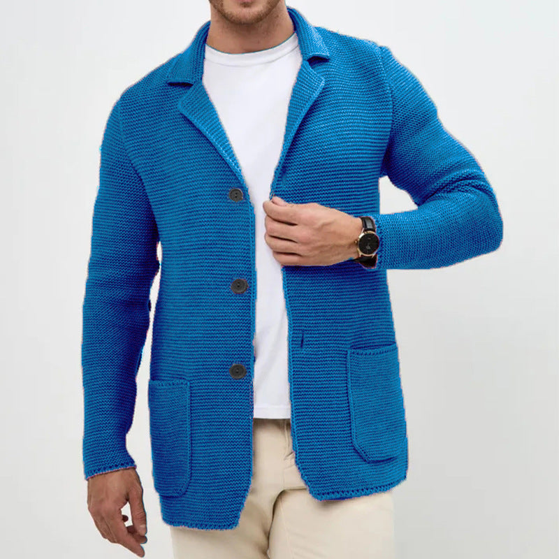 Men Lapel Knit Cardigan Sweater Slim Fit Winter Long Sleeve