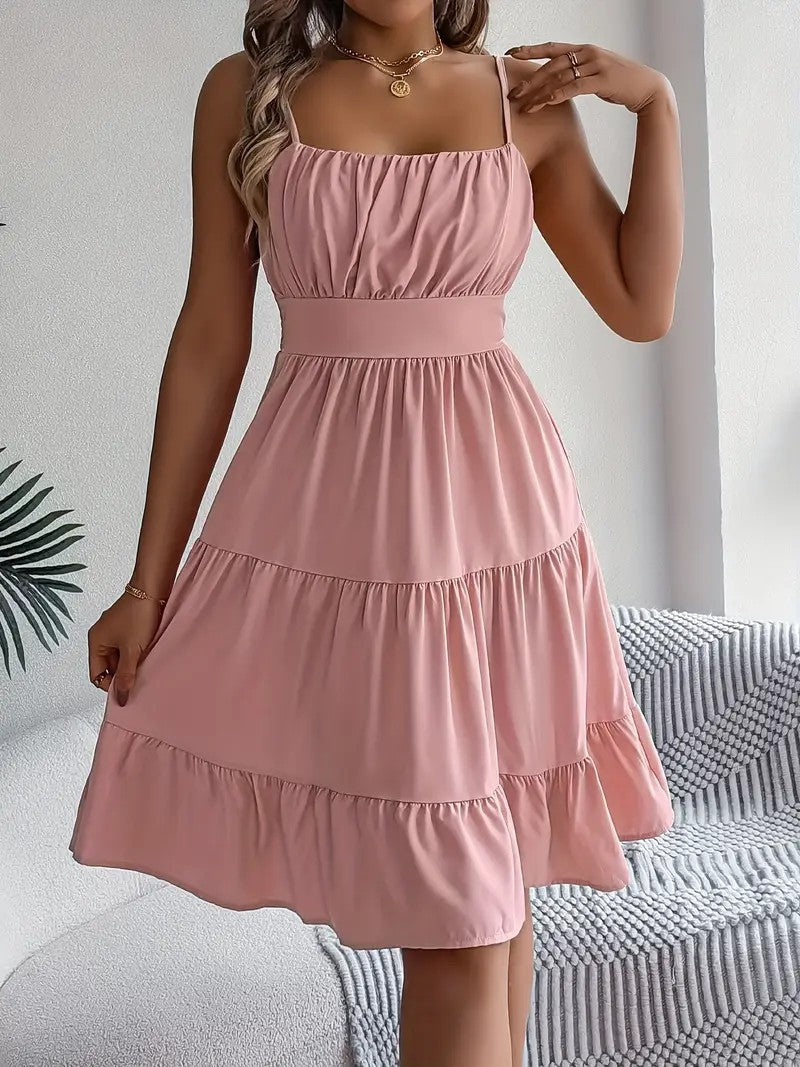 Womens Sleeveless Square Neck Pleated Dress