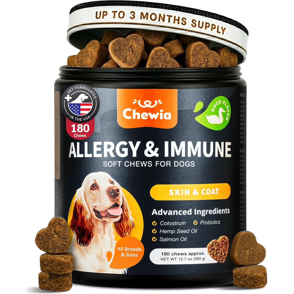Dog Allergy Relief Chews  Itch Relief for Dogs  180 Allergy Chews for Itching Skin with Probiotics, Colostrum, Salmon Oil  Allergy, Skin and Coat, Immune, Digestion Support Supplement  Hot Spots