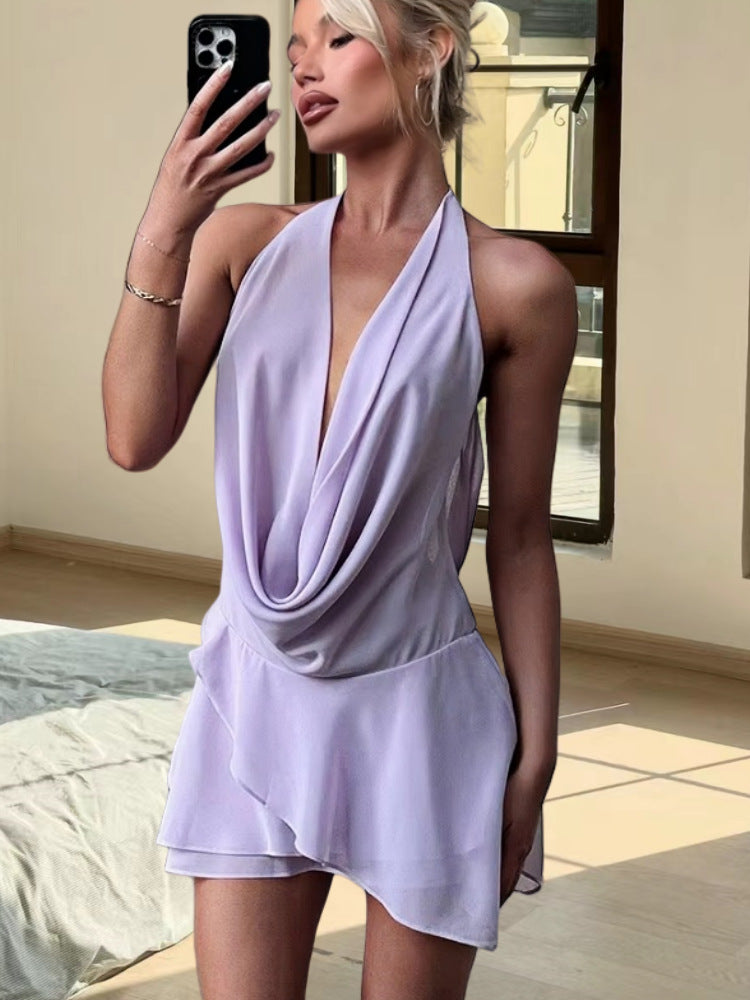 chiffon neck deep V low collar dress