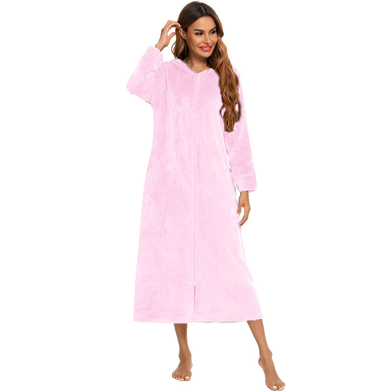 Flannel Pajamas New Long-Sleeved Zipper Nightgown Home Clothes