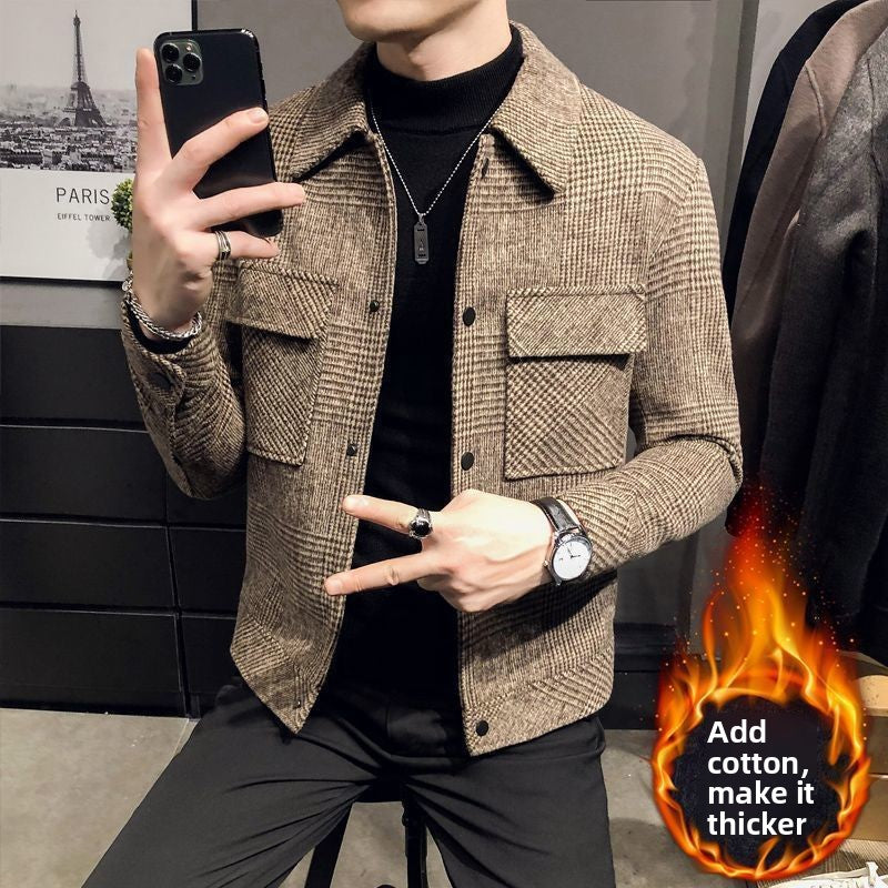 Men's Woolen Blend Thickened Casual Jacket with Suit Collar