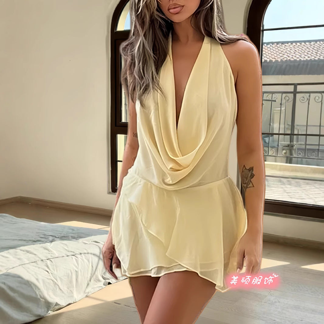 chiffon neck deep V low collar dress
