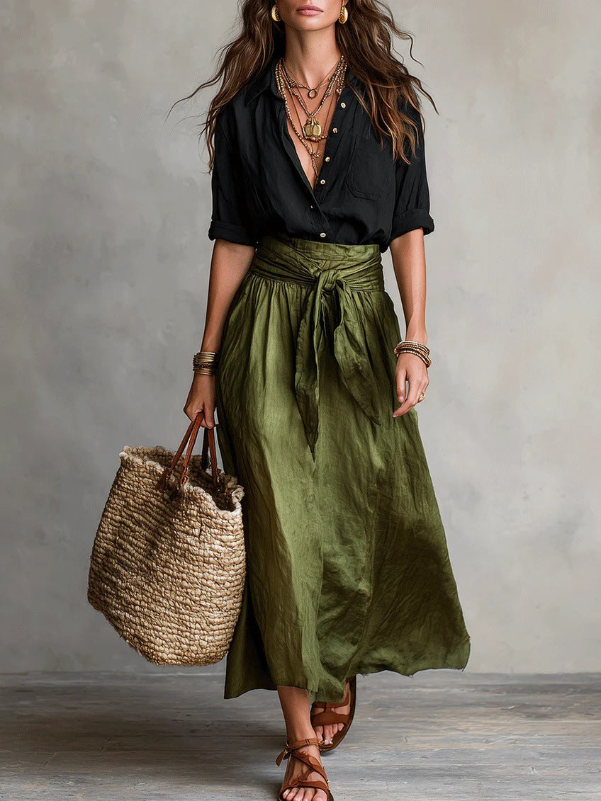 Womens Color-Block Casual Blouse and Skirt Two-Piece Set