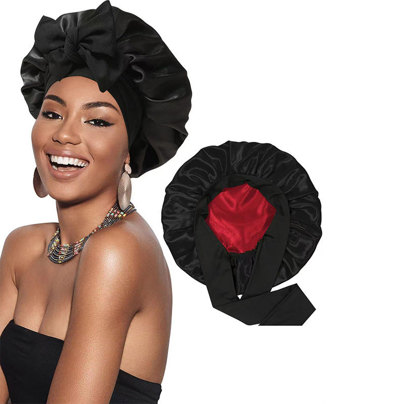 Double-Layer Satin Sleep Cap with Ribbon