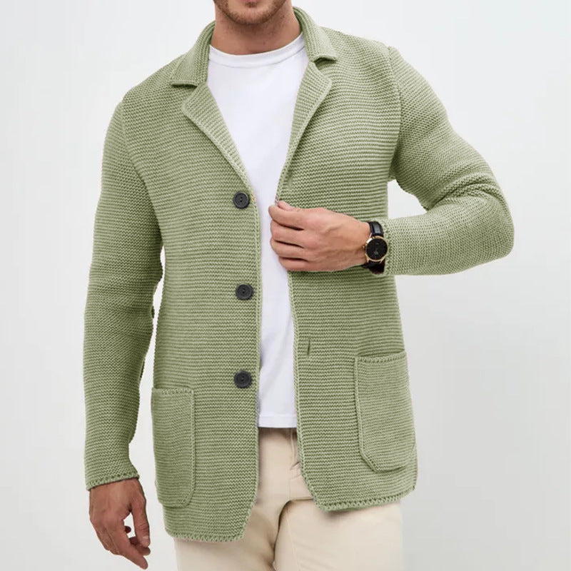 Men Lapel Knit Cardigan Sweater Slim Fit Winter Long Sleeve