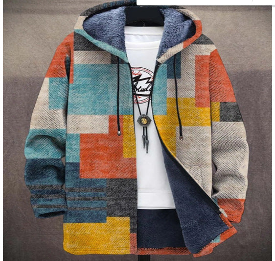 Mens Digital Printing Fleece-Lined Hooded Coat