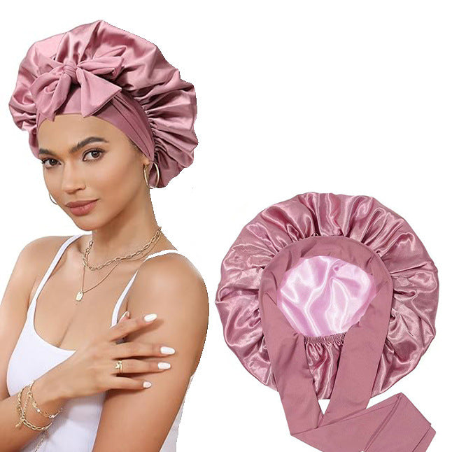 Double-Layer Satin Sleep Cap with Ribbon