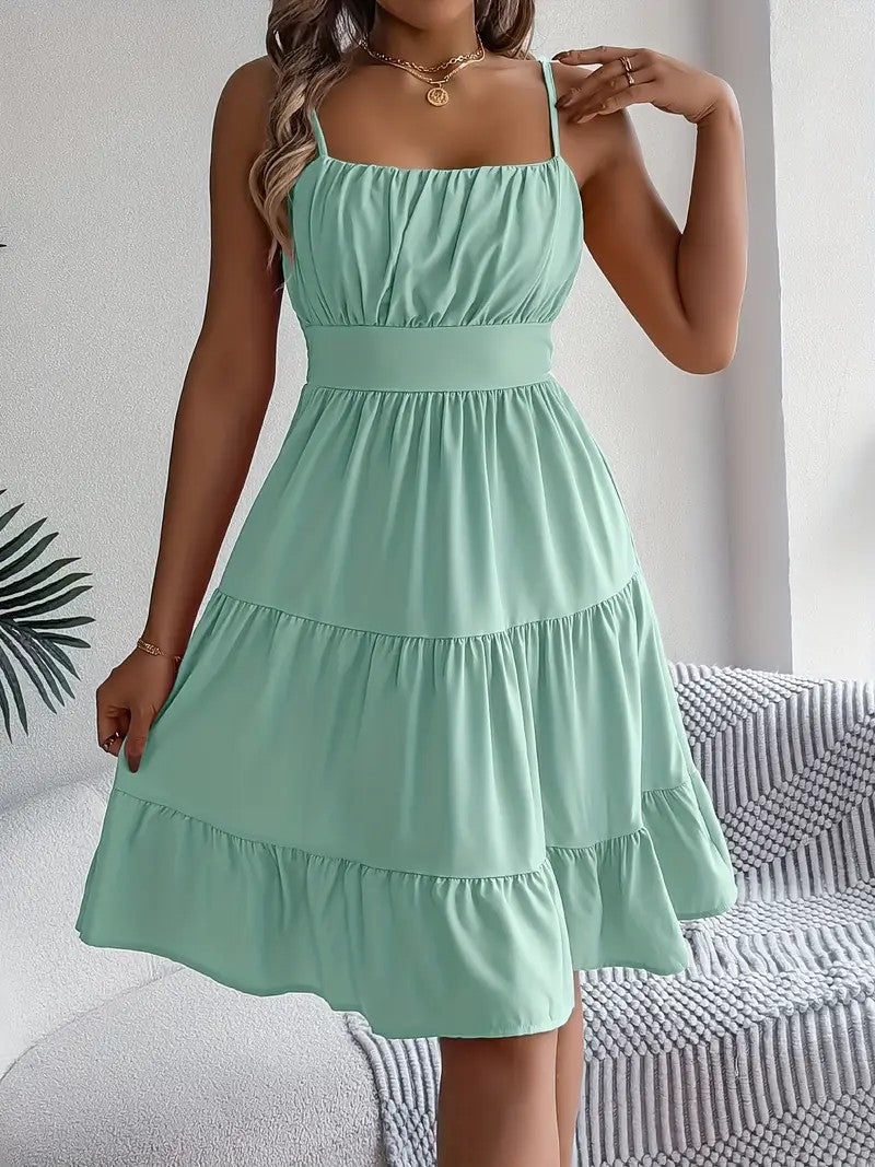 Womens Sleeveless Square Neck Pleated Dress
