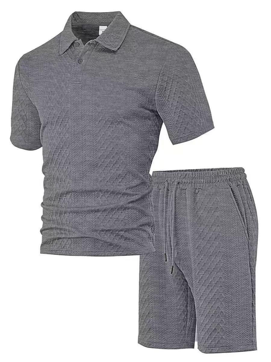 Mens Jacquard Lapel Polo Shirt Shorts Set