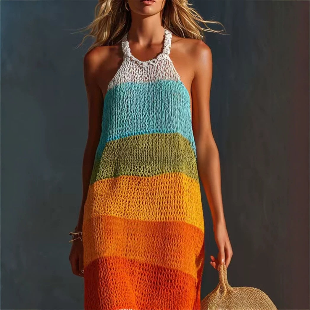 Wide-striped patchwork round-neck sleeveless knitted fitted long dress