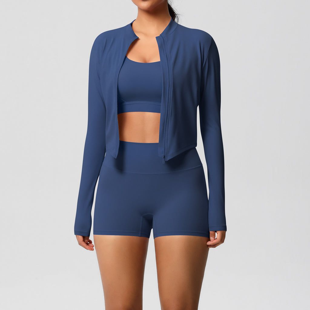 A three-piece yoga suit for women