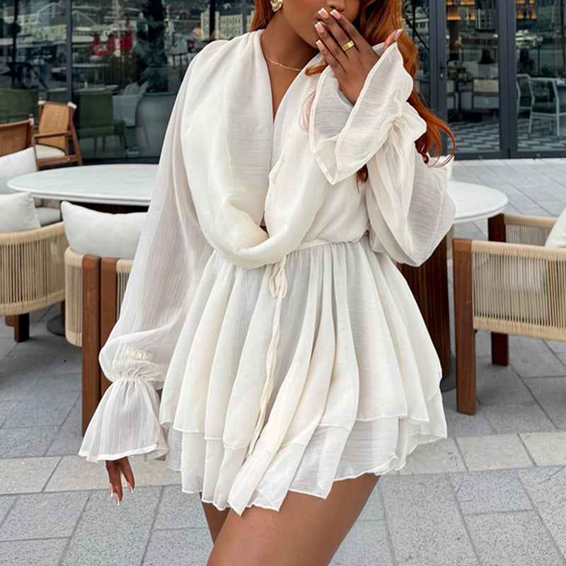 Chiffon Bell Sleeve Dress with Layered Collar