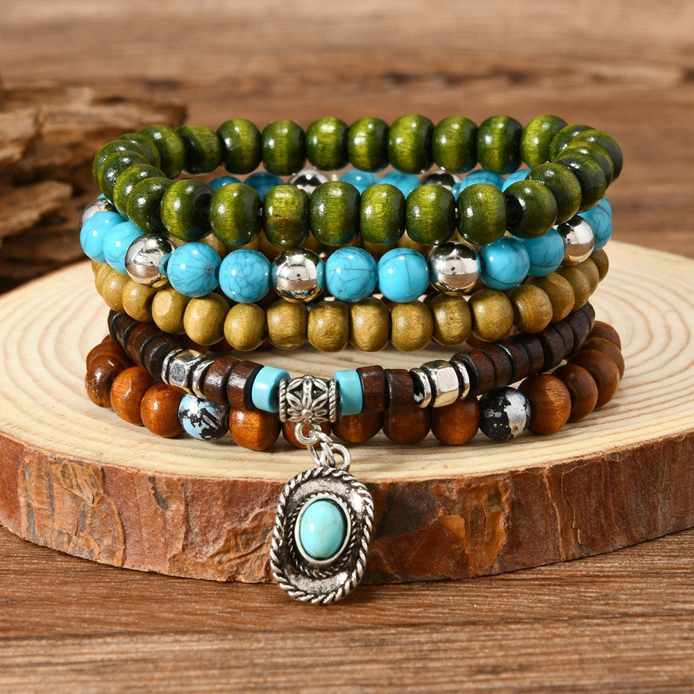 Bohemian Coconut Shell Wood Beads Turquoise Bracelet Set