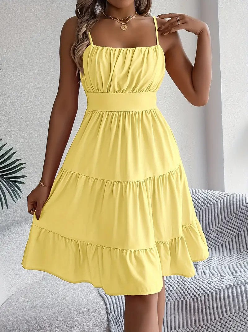 Womens Sleeveless Square Neck Pleated Dress